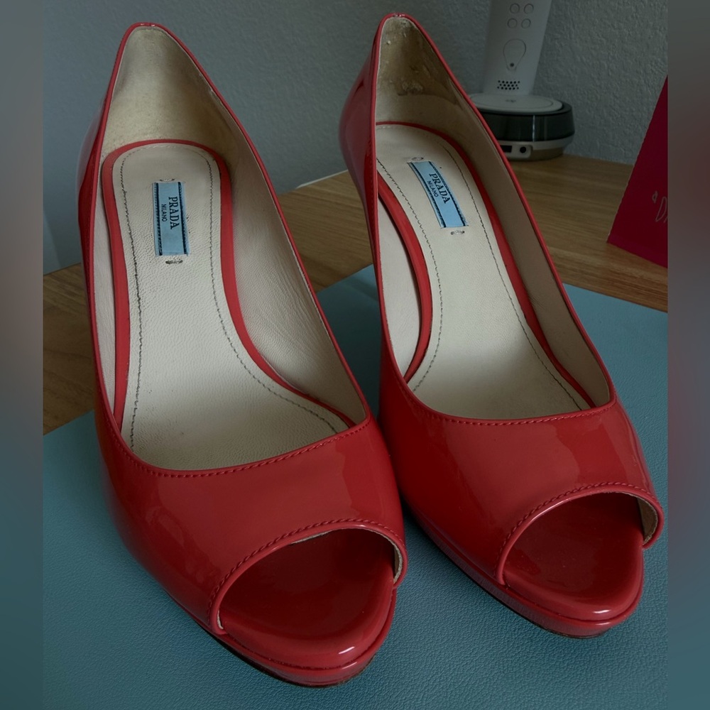Prada coral Patent Leather Peep-Toe Pumps